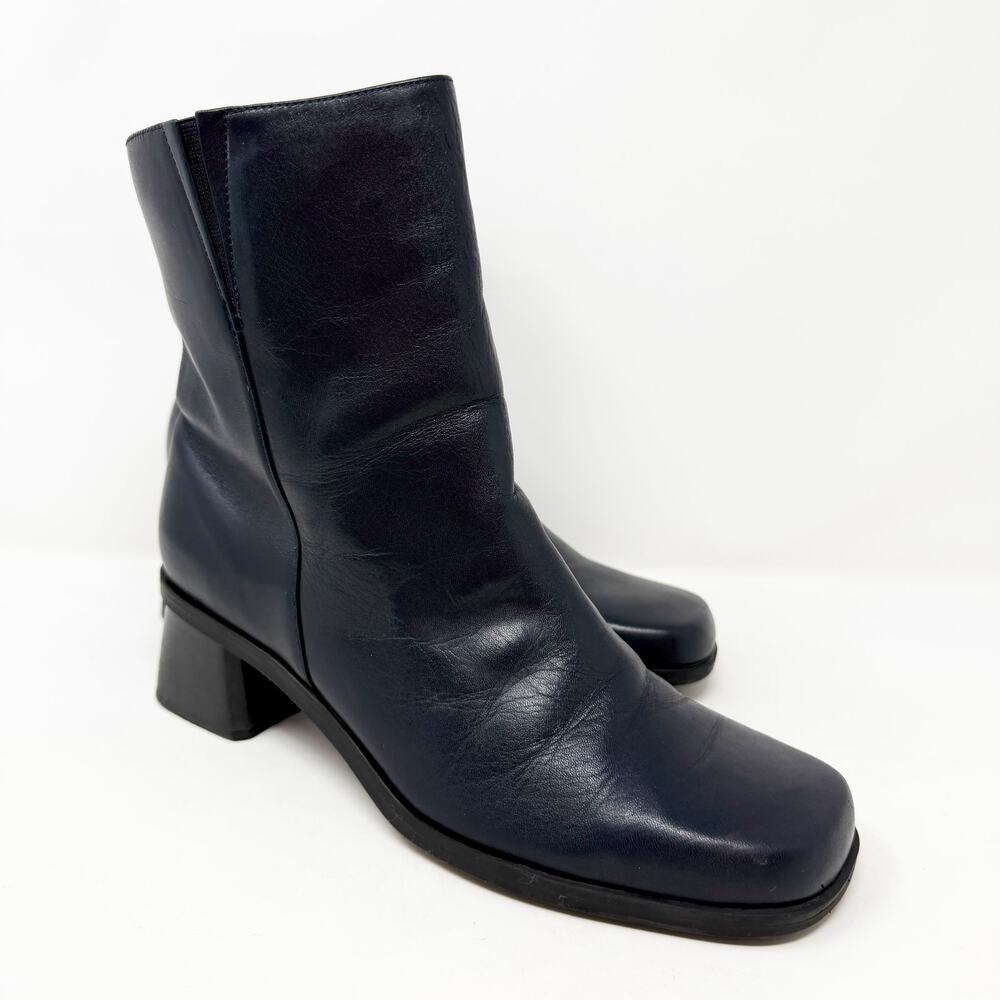Vintage Y2K Naturalizer Navy Blue Leather Square Toe Ankle Boots Women's Size 8